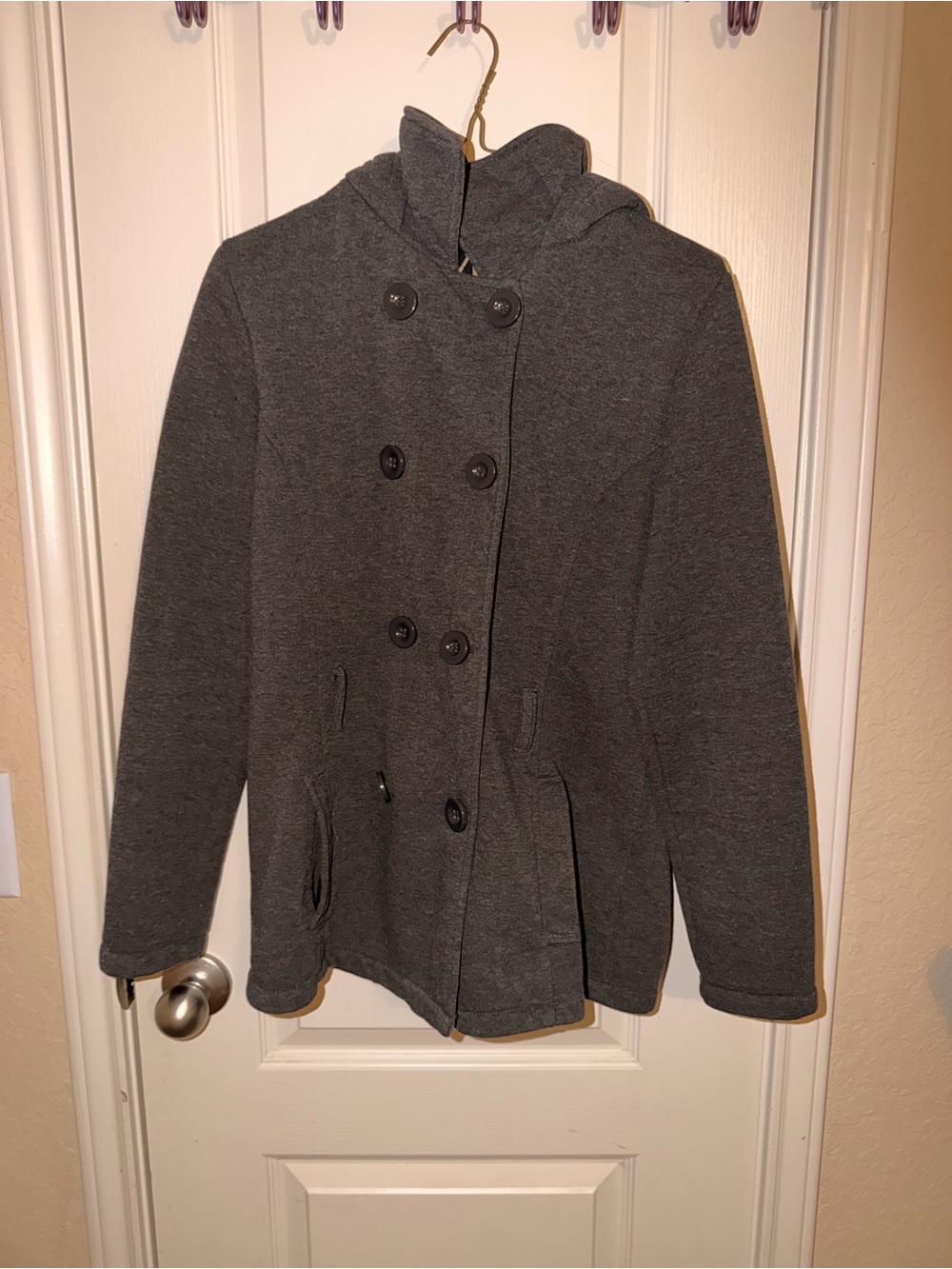 YMI Women's Double-Breasted Hooded Pea Coat in Charcoal Gray